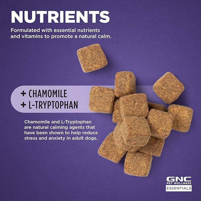GNC Pets Essentials Calming Soft Chews for Dogs, Bacon Flavor Calming Supplement with Chamomile, Passion Flower, L-Tryptophan and Thiamine for Puppies and Adult Dogs, 60 Count