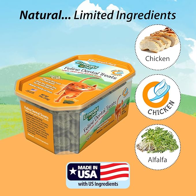 Emerald Pet Grain-Free Cat Dental Treats with Chicken – Crunchy Natural Dental Treats for Cats to Clean Teeth, Freshen Breath, and Reduce Plaque & Tartar – 11 oz Tub
