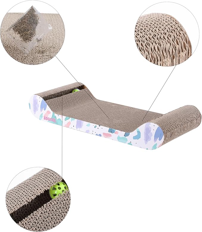CSR1003A Rini 23.75" Modern Cardboard Lounge Bed Cat Scratcher with Built-in Bell Toys and Catnip, White/Multi