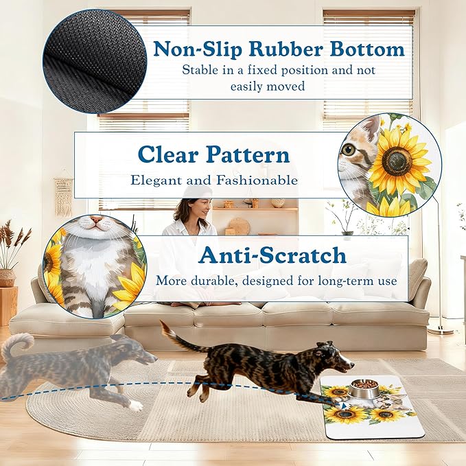 Cute Cat Sunflower Pet Feeding Mat for Floors–Christmas Stocking Absorbent Quick Dry Dog Cat Bowl Mat for Food and Water, Non Slip Waterproof Base, Mess-Free Feeding Accessories 16"x24"