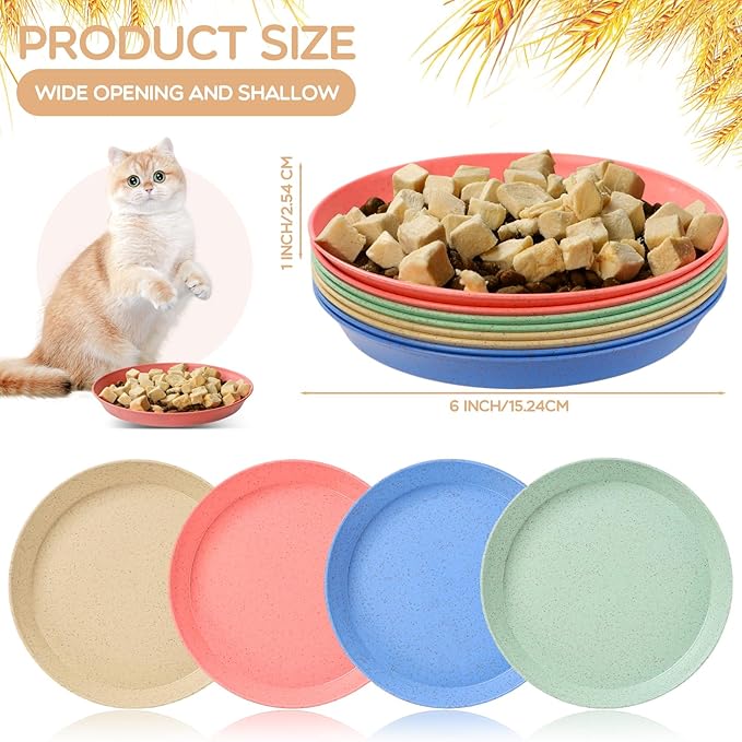 8 Pcs Whisker Fatigue Cat Bowls, 6 Inch Shallow Cat Food Dish Wide Cats Feeding Bowls, Wheat Straw Pet Plate for Kittens and Short Legged Cats