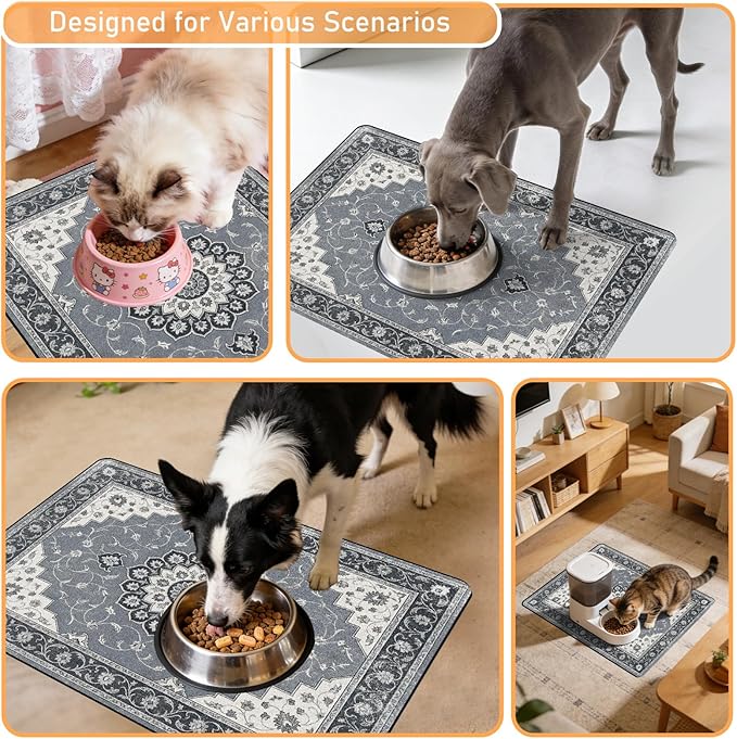 Dog Food Feeding Mat - Absorbent Diatomite Pet Dog Cat Bowl Mats for Food and Water, Anti Slip Dog Bowl Placemat for Floors, Quick Dry Pet Dish Matts Supplies, Bohemia Style, 16 * 24in