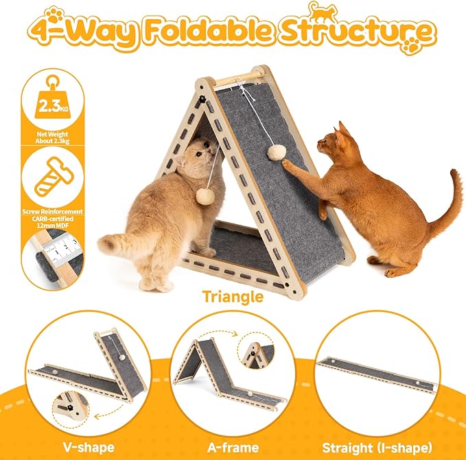 Cat Scratcher with Ball Toy Foldable Cat Scratch Pad Felt Triangle Scratchers for Indoor Cats Large Cat Scratching Board Mat Cats Scratch Furniture Protector Kitten Toys Grey