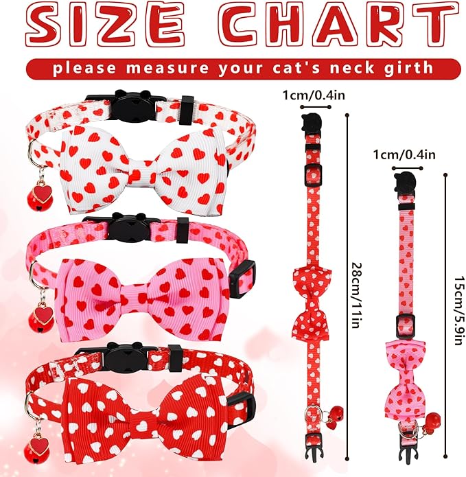 JarThenaAMCS 3Pcs Valentine's Day Cat Collar Love Heart Bowtie Collar with Breakaway Bell Red White Pink Adjustable Kitten Collar for Girl Boy Cat Small Pet