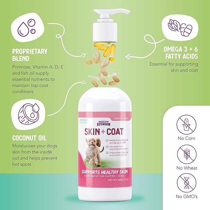 Health Extension Skin & Coat Supplement for Dogs & Puppies, 16oz - Omega 3 & 6 Rich Formula for Healthy Skin & Shiny Coat, Reduces Shedding & Itching