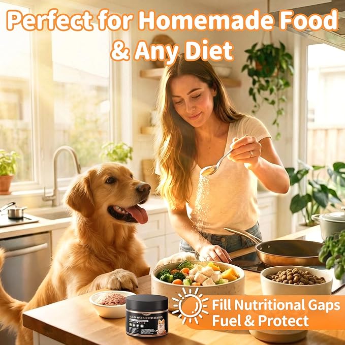 Dog Vitamins and Supplements for Daily Energy, Immune, Antioxidant, Gut, Skin & Coat, Dog Multivitamin Powder for Homemade Food with L-Carnitine, Taurine, Probiotics - Chicken Flavor, 75 Scoops