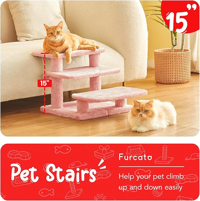15''H Multi-Step Pet Stairs for High Beds & Sofas, 3-Step Cat Stairs with 2 Toy Balls, Wide Boards for Indoor Kittens Dogs Pets Climbing, Pink