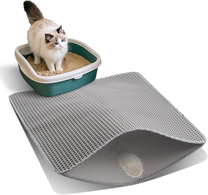 Cat Litter Mat for Indoor Cats EVA Double-Layer Litter Box Mat Washable for Easy Cleaning Cat Rug Collects Litter and Prevents Liquid Leakage (Gray, 23.6×30inch)
