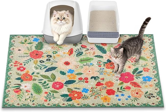 Cat Litter Mat, 35" x 23" Litter Box mat, Upgrade Non-Slip Kitty Litter mat, Traps 100% Litter, Soft on Kitty Paws, Easy Clean for Scatter Control, Bohe cat Food mat, Urine Waterproof