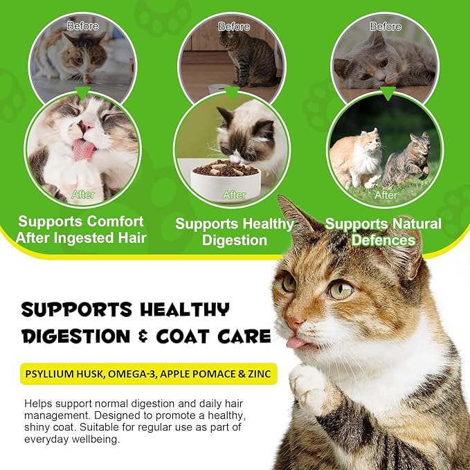 Hairball Treatment for Cats & Kittens, Cat Hairball Support Crunchy & Creamy Chews for Cats,Hairball Control & Relief Treats with Cat Grass,Apple Pomace & Omega-3 Fish Oil,Supports Healthy Skin Coat