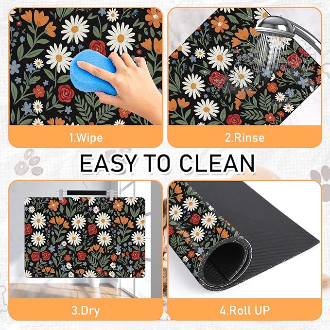 Dog Cat Food Mat - Absorbent Quick Dry Dog Bowl Mats for Food and Water, Anti Slip Cat Feeding Placemat for Floors, Diatomite Pet Dish Matts Accessories Supplies, Floral Style, 16 * 24n