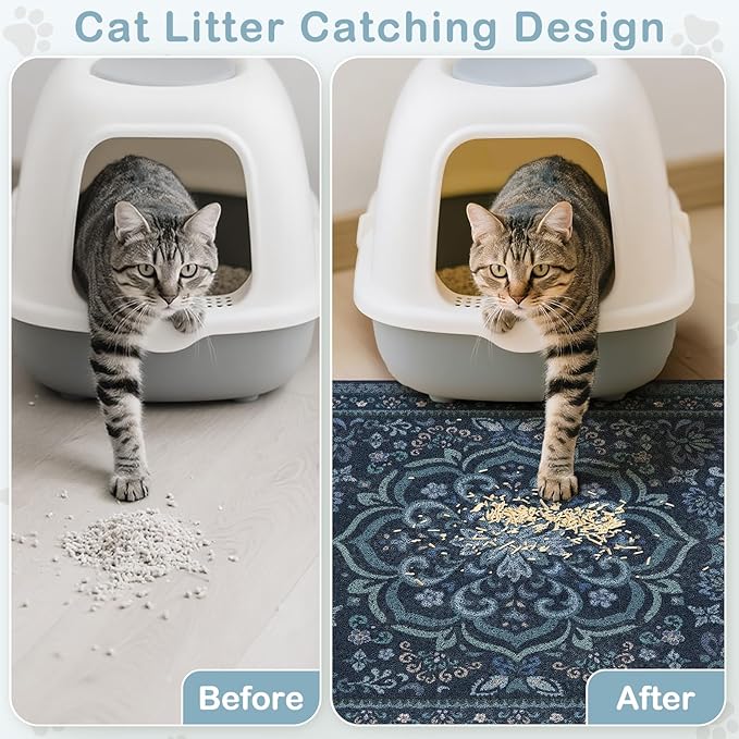 Unicorn Catcher Cat Litter Mat 33" x 22" Non-Slip Litter Box Mat Washable Litter Catcher Mat for Litter Box Indoor Food Mat Supplies Essentials,Navy Blue