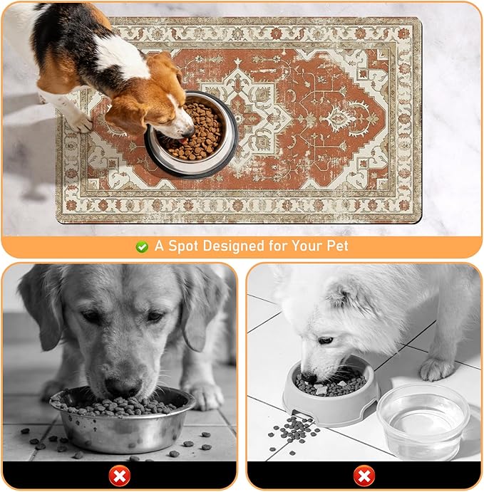 Dog Food Bowl Mat - Absorbent Quick Dry Dog Feeding Mats for Food and Water, Anti Slip Cat Bowl Placemat for Floors, Diatomite Pet Dish Matts Accessories Supplies, Bohemia Style, 17 * 30in