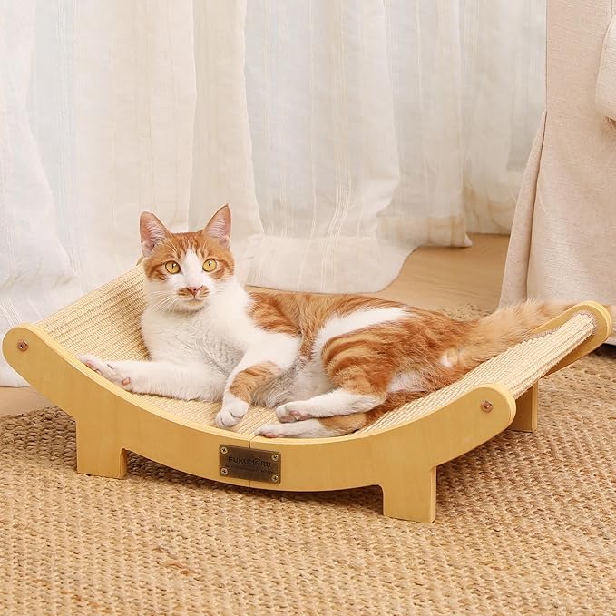 FUKUMARU Cat Scratcher Bed Sisal, 23.6 Inch Durable Scratching Bed for Indoor Cats, Large Cat Scratch Pad, 100% Natural Sisal Hammock, Solid Wood Frame Lounger Chair for Sleep & Scratch (Wood)
