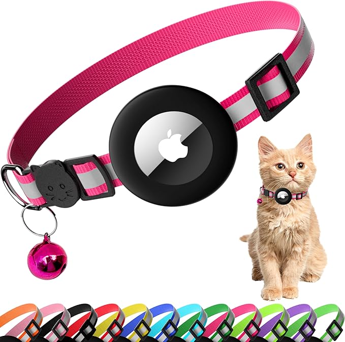 Cat Collar with Air Tag Holder, Reflective Kitten Collar with Bell, Breakaway Airtag Cat Collar for Boys Girls Cats, GPS Tracker for Cats 0.4’’ Width Adjustable Safe Kitty Collar, Rose red