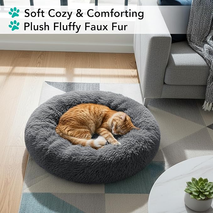 PetAmi Calming Dog Bed for Small & Medium Dogs and Cats, 23 Round Donut Dog Bed, Washable Fluffy Faux Fur Puppy & Cat Bed, Anti-Anxiety Plush Cuddler Pet Bed with Anti-Slip Bottom - Dark Gray
