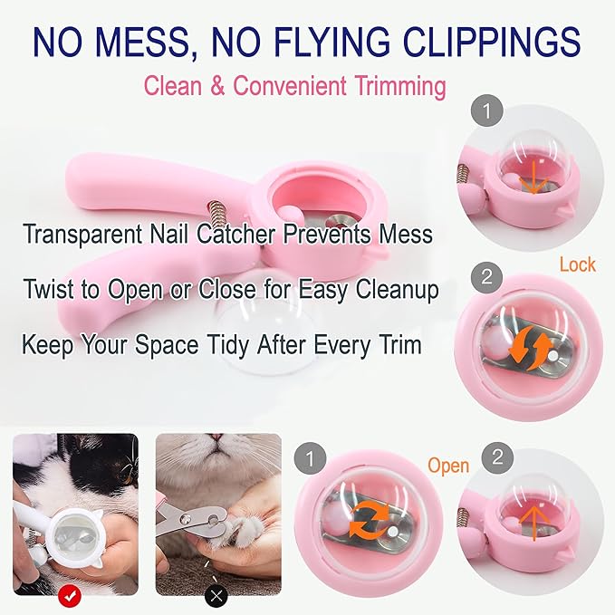 Kitten Nail Clippers Set, Anti-Splatter Nail Clipper with Nail Collector, Safety Nail Trimmer for Kittens, Includes Nail File, Cleaning Brush, Cotton Swabs and Zipper Bag