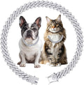Luxury Cuban Link Dog Collar Silver Dog Chain Necklace with Diamond Rhinestones - 0.59 Inch Width Metal Pet Collar Jewelry for Small Medium Large Dogs & Cats (14 inch)