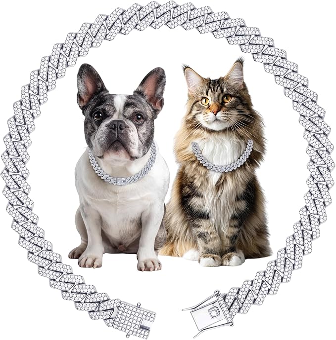 Luxury Cuban Link Dog Collar Silver Dog Chain Necklace with Diamond Rhinestones - 0.59 Inch Width Metal Pet Collar Jewelry for Small Medium Large Dogs & Cats (14 inch)