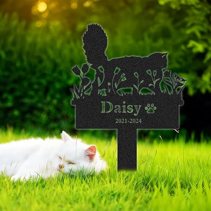 Personalized Pet Graves Marker Cat, Custom Waterproof Pet Headstone, Metal Memorial Plaques for Outdoor Graveyard, Cemetery Yard Decor, Cat Memorial Garden Stakes, Pet Remembrance Gift Color02