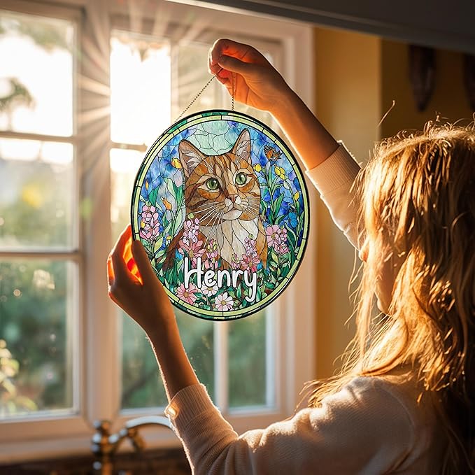 Custom Cat Portrait Art Suncatcher Stained Glass Remembrance Gift Dog Indoor Decor Window Hanging Dog Cat Bereavement Keepsake Loss of Pet Sympathy with Name Date Portrait Gifts