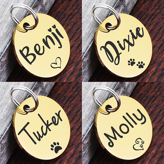 Ultra Joys Personalized Dog Tags for Pets - Durable Stainless Steel Customizable Dog Cat ID Tags - Dog Tags for Safety Optional Engraved on Both Sides -Round Shape Dog Tag Small Size, Gold