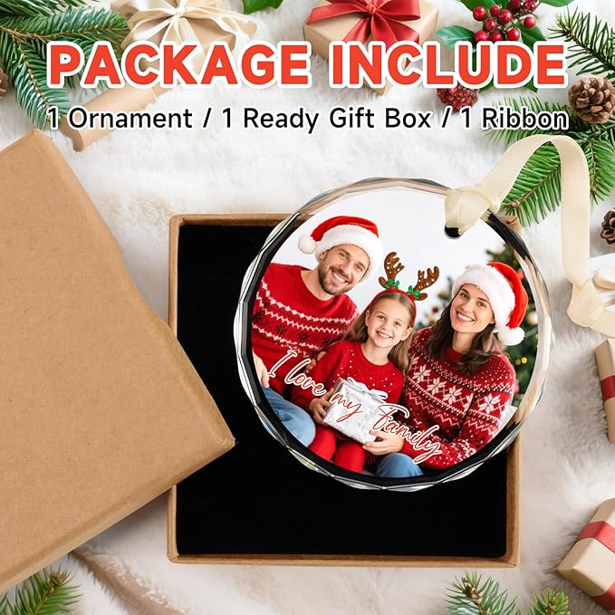 Personalized Christmas Ornaments with Photo - Custom Christmas Ornament - Customized Crystal Glass Christmas Tree Decor Gifts for Family, Couples, Friends, Pets, Baby