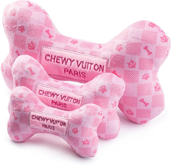 Haute Diggity Dog Pink Checker Chewy Vuiton Bone, Plush Designer Dog Toys with Interactive Squeaker, Stimulating Pet Enrichment, Machine-Washable & Safe Materials for All Breeds, Size Small