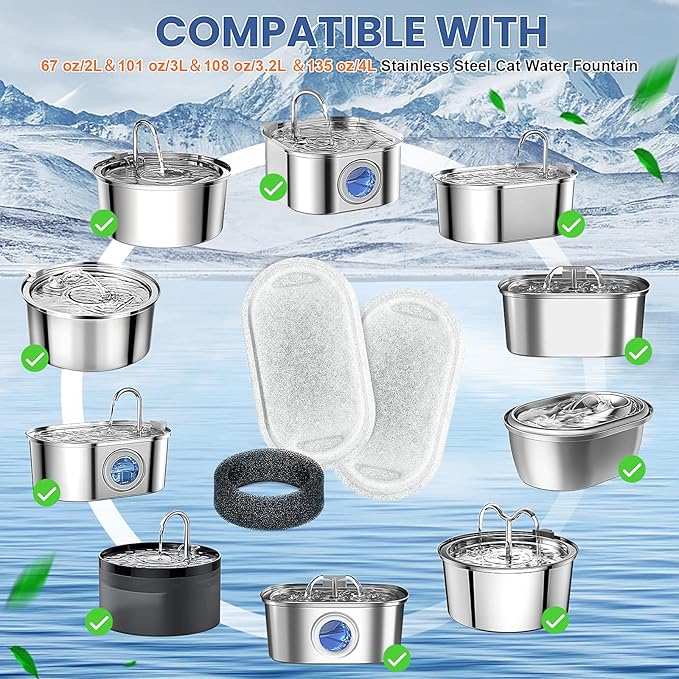 Cat Water Fountain Filter Replacement, 12 Pcs Cat Filters Pet Water Fountain Filter with 12 Pcs Sponges Foam for 67oz/2L & 108oz/3.2L Stainless Steel Automatic Cats Water Fountain Dispenser Filters