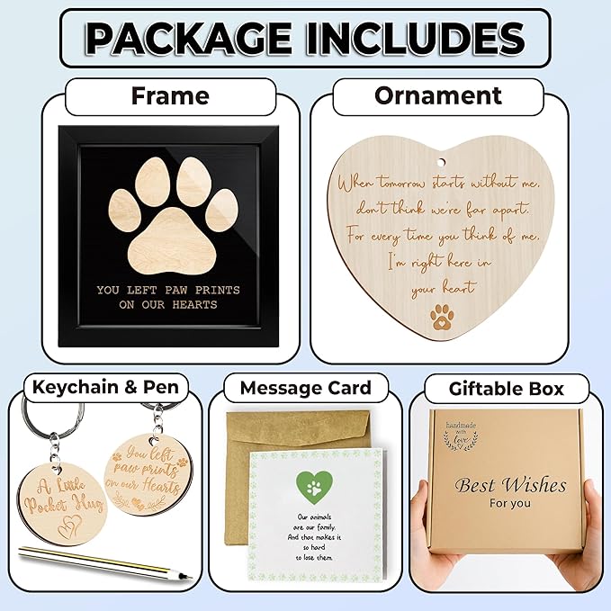 Pet Memorial Gifts for Loss of Dog, Paw Print Frame Remembrance for Dogs Cats, Pet Memorial Ornament, Dog Sympathy Keychain, Loss of Animal Sympathy Card, Remembrance Gift for Cat Lovers FF641