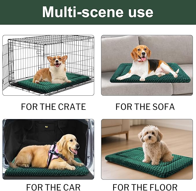 Dog Bed Crate Mat, Soft Durable Washable Anti-Slip Kennel Pad for Dogs & Cats, Reversible (Dark Green, S(24"*18"*1.5"))