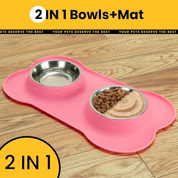 Dog Bowls with Non-Slip Silicone Mat, Spill Proof Large Food & Water Bowls Set, Easy Clean Dog Food Dish, Dishwasher Safe, Suitable for Dogs Cats Pet Under 90lbs, Large, Pink