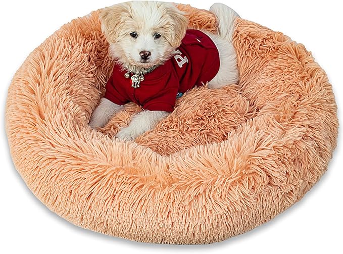 Calming Dog Bed for Small Dogs Cats, Kitty Puppy 23'' Round Anti-Anxiety Warm Fluffy Plush Faux Fur Bed, Soft Anti-Slip Donut Washable Small Pet Bed, Cozy Cat Puppy Bed, Fits up to 30 lbs Pets