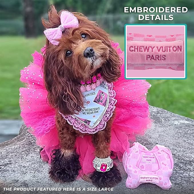 Haute Diggity Dog Pink Checker Chewy Vuiton Bone, Plush Designer Dog Toys with Interactive Squeaker, Stimulating Pet Enrichment, Machine-Washable & Safe Materials for All Breeds, Size Large