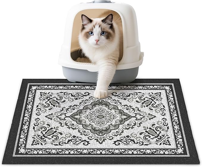 Unicorn Catcher Cat Litter Mat 24" x 15" Non-Slip Litter Box Mat Washable Litter Catcher Mat for Litter Box Indoor Food Mat Supplies Essentials, Black