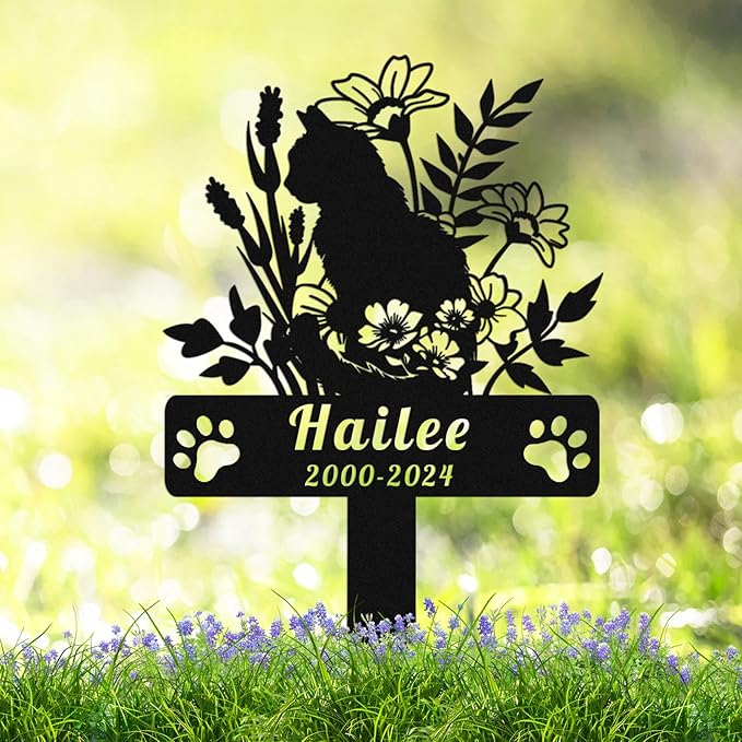 Custom Flowers Cat Memorial Grave Marker Metal Yard Stake, Personalized Pet Name Garden Sign, Loss Remembrance Customized Flowers Marker