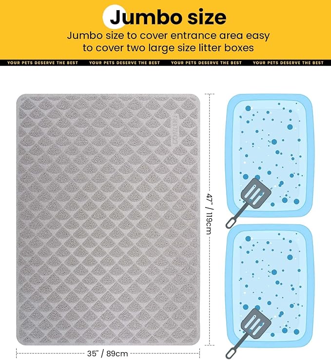 Conlun Cat Litter Mat Litter Trapping Mat, 47” x 35” Premium Durable PVC Cat Litter Box Mat with Scatter Control, Non-Slip, Less Waste Kitty Litter Mat, Soft on Kitty’s Paws, Urine Waterproof, Grey