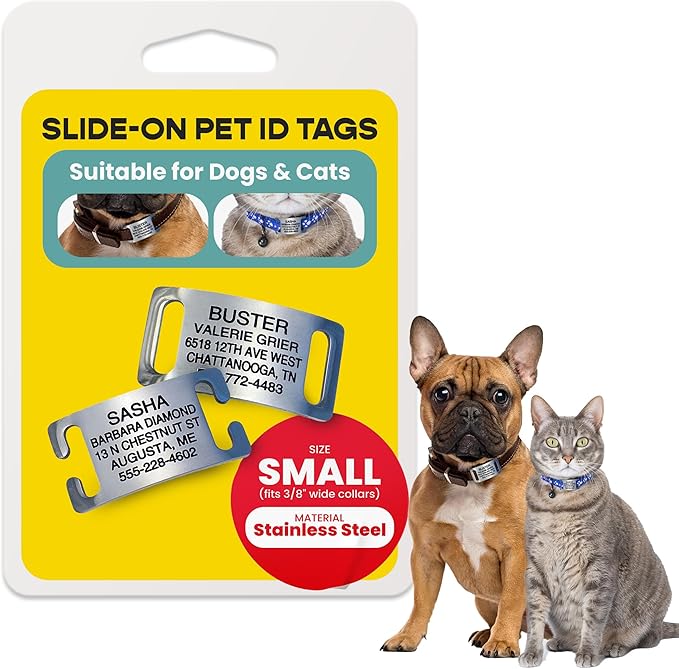 LuckyPet Slide-On Pet ID Tags - Dog Tags Personalized - Durable Engraved Stainless Steel Pet Name Tags - Noiseless Dog Tag - Suitable for Dogs and Cats - Fits 3/8 inch Collars - Small, Closed Ends