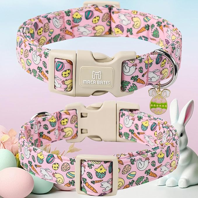 Maca Bates Easter Day Dog Collar Egg and Bunny Chicken Dogs Collars Soft Durable Cute Adjustable Pink Eggs Collor Easters Rabbit Gift for Small Boy Girl Male Female Puppy and Pet
