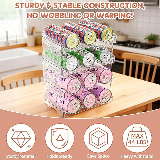 FHTONGE Heavy-Duty Cat Can Organizer for Multiple Sizes, Transparent Wet Cat Food Storage Rack for Pantry Kitchen Cabinet Rridge, 4-Tier Pet Canned Goods Dispenser Shelf Dog Tins Holder Container