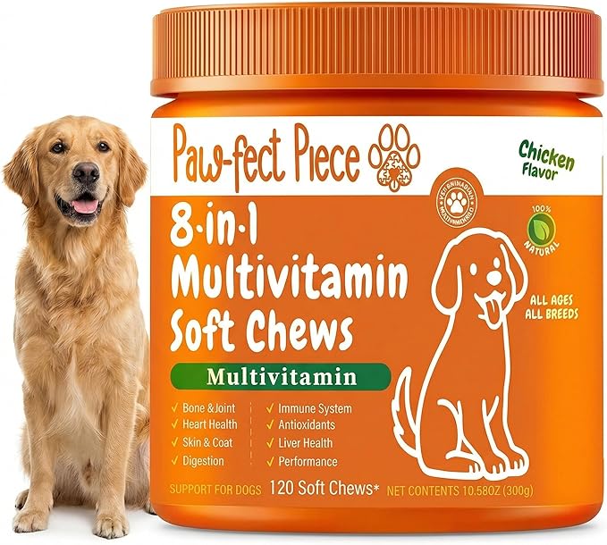 Paw-FECT Piece 8-in-1 Natural Dog Multivitamin Chews, Dog Supplement for Hips & Joints, Skin & Coats, Digestion, Immune Support, Omega 3, Anitoxidents, for All Ages and Breeds, Chicken-120 Count
