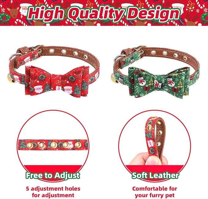 PUPTECK Puppy Collar with Bell XXS Dog Collar Charm Adjustable Bowtie Soft Leather for Cats Kittens Extra Small Dogs 2 Packs