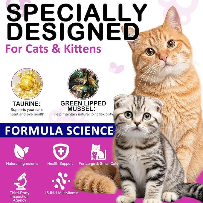 Cat Vitamins Treats, 15 in 1 Cat Multivitamin Chews Vitamins with Taurine, Omega Fatty Acids, Prebiotics for Health, Bones, Joint, Skin & Coat, Digestion, Immune Support(30 Day Supply)-2PCS