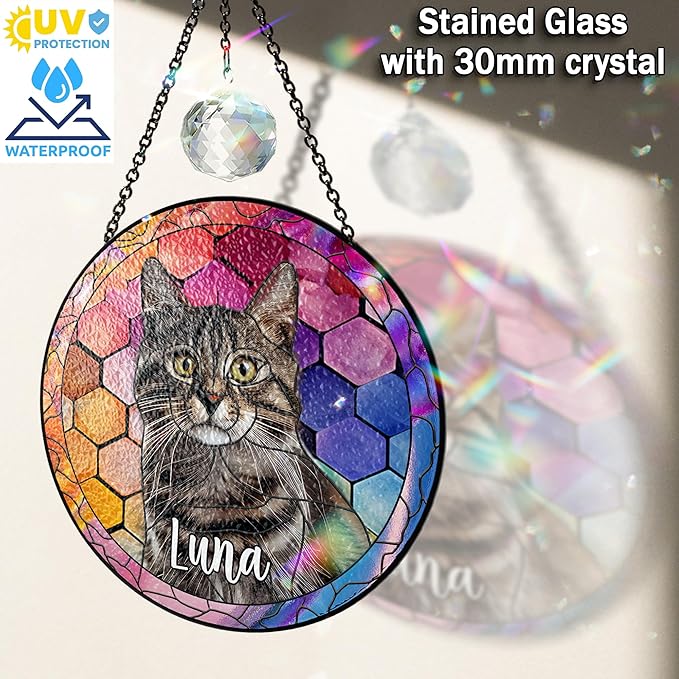 Personalized Pet Stained Glass Suncatcher Custom Name Pet Photo Ornament Window Hanging Home Decor Sympathy Gift for Loss of Pet Dog Cat Memorial Keepsake Remembrance Gift for Dog Lovers