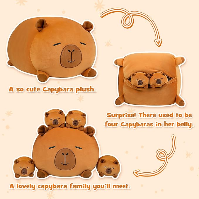 Capybara Plush, Soft Stuffed Animal Pillow Toy, Capybara Mommy with 4 Baby Plushies Family Set, Cute Birthday Gift for Kids Boys Girls Adults