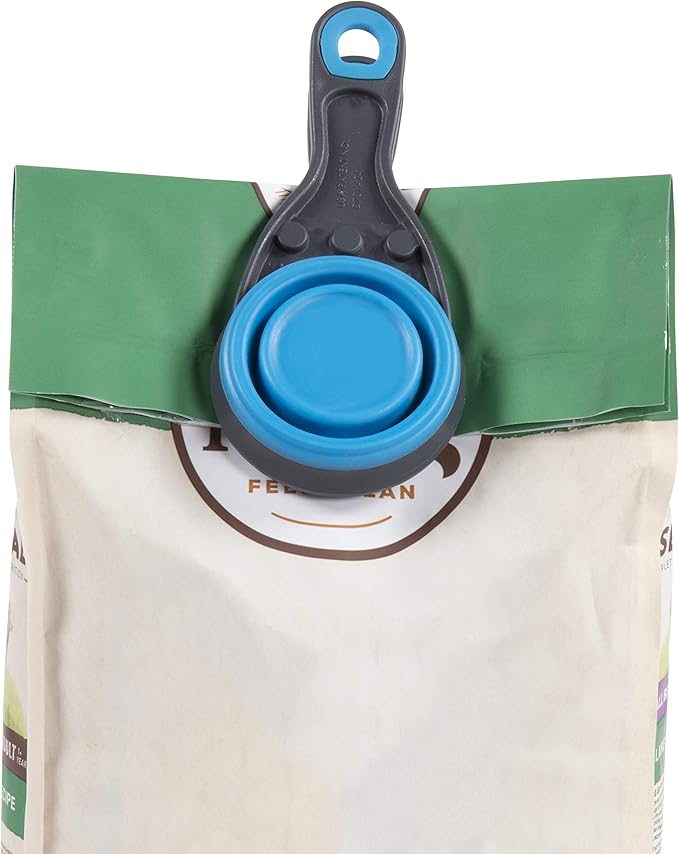 Dexas Pets Collapsible KlipScoop Collapsible Dry Dog Food Scoop and Dog Food Bag Clip, 1/2 Cup Capacity, Pro Blue