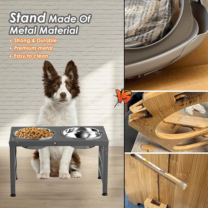 Metal Raised Dog Bowl, 10" Height Tall Elevate Dog Feeder Stand with 2 Stainless Steel 42oz Bowls & 16x24 Non-Slip Mat – Stronger Dogs Food & Water Bowl Stand (Grey)