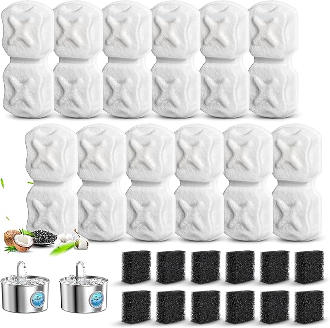 Cat Water Fountain Filter Replacement,24 Pack Pet Fountain Filters - 12 Filters & 12 Sponges 74oz/2.2L Stainless Steel Pet Fountain Cat Water Dispenser
