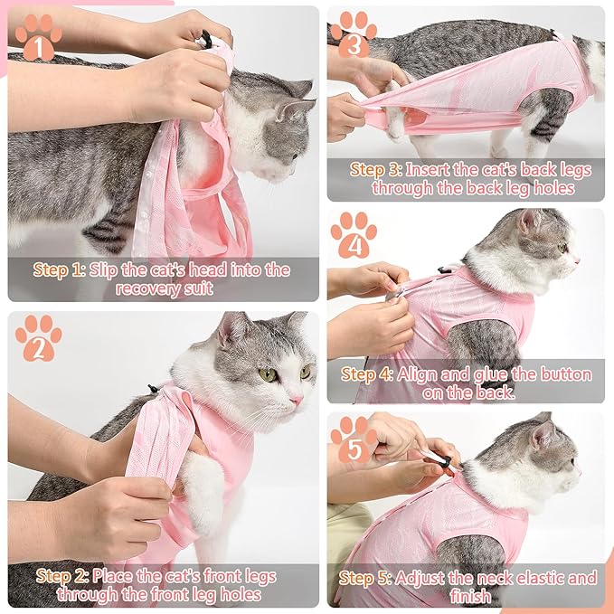 SlowTon Cat Recovery Suit - Cat Onesie for Cats After Surgery Female Male, Kitten Clothes Cats Surgical Spay Suit Abdominal Wounds, E-Collar Alternative Bodysuit Anti-Licking (Light Pink, L)