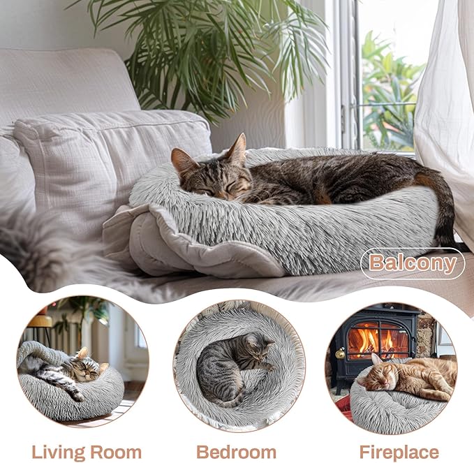 Cat Bed - Calming Cat Bed for Small Kittens Donut Washable Round for Indoor Kittens and Puppies, Anti-Slip Round Fluffy Plush Faux Fur, Small, Light Grey